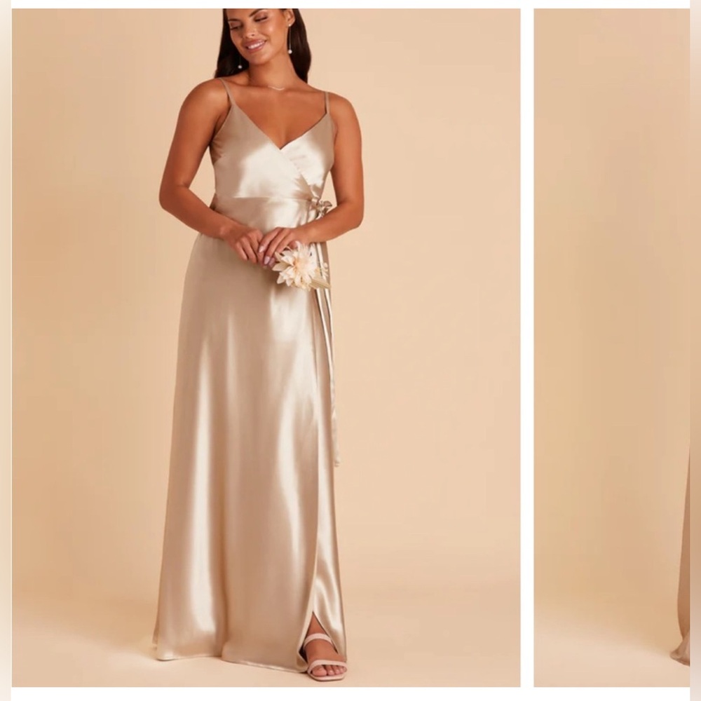 MULTIPLE SIZES Cindy Wrap Shiny Satin Gold Dress - Picture 2 of 7